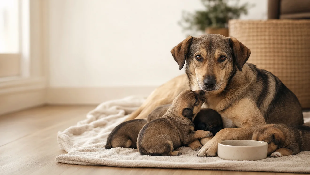 Suka karmiąca ze szczeniętami przy misce — karma dla suki w ciąży i laktacji